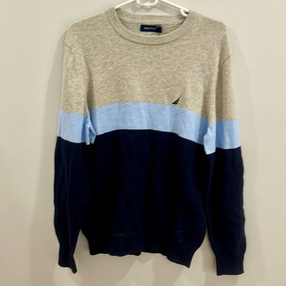 Nautica Navtech gray light blue and navy color block sweater size medium NWT - Picture 1 of 5